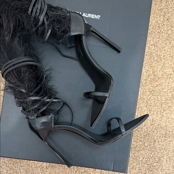 Saint Laurent Feather Lace-Up Heeled Sandals Black Leather Runway Statement 37 - Picture 12 of 16